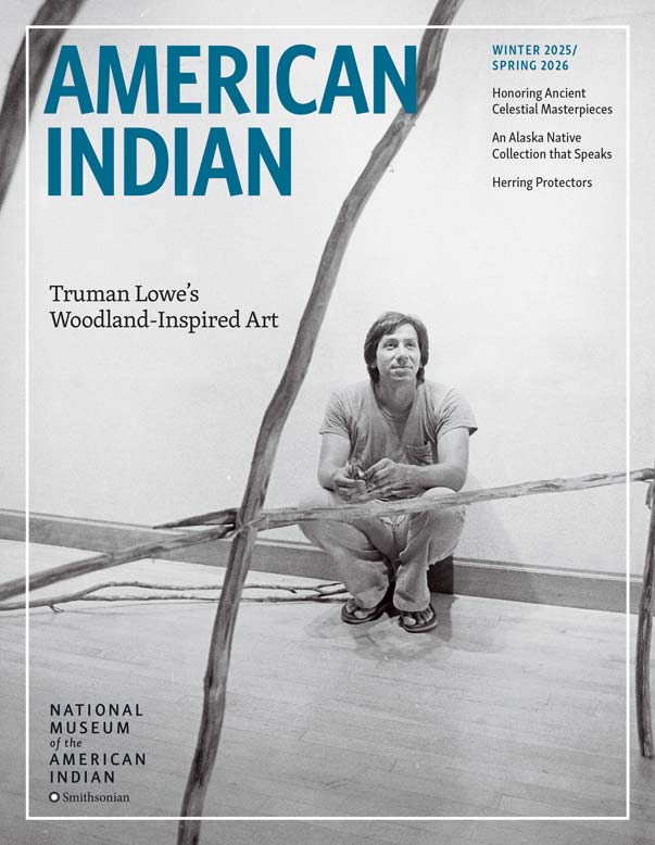 American Indian Winter 2025/Spring 2026 featuring a black and white image of Truman Lowe sitting amongst his art.