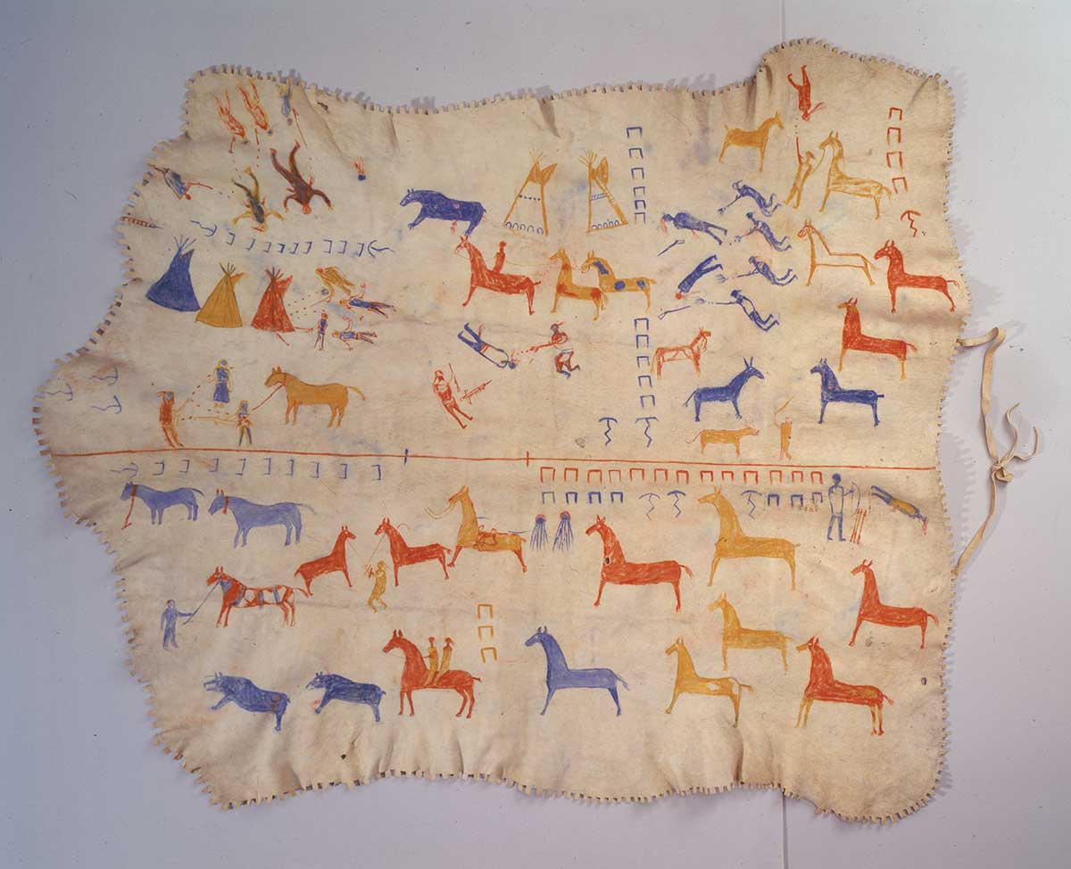 A photograph of an elkskin robe with pictorial imagery