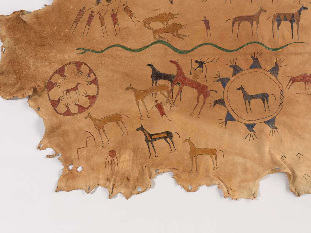 Closeup of an elkhide decorated with pictorial symbols