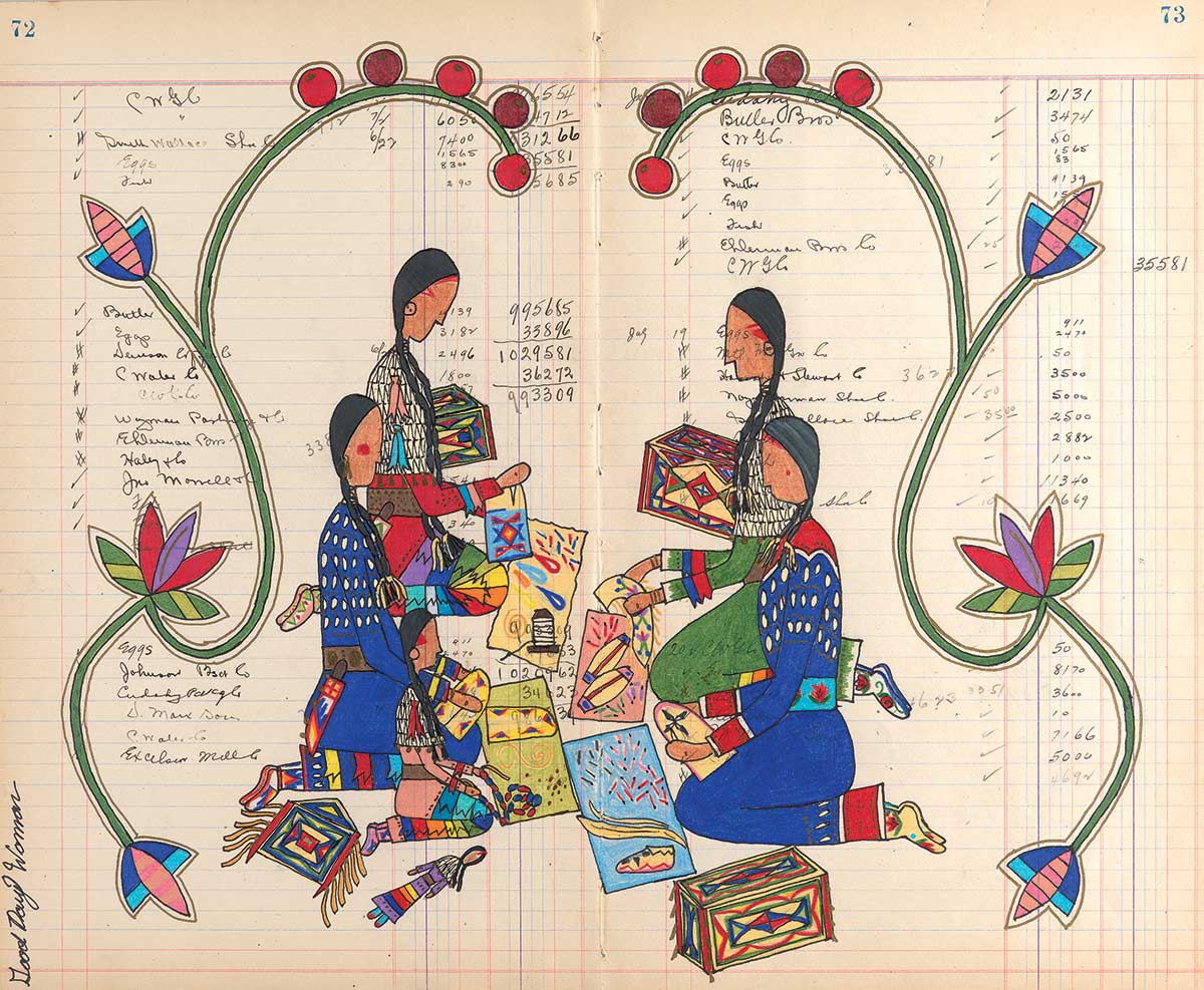 A colorful artwork on ledger paper depicting five seated figures surrounded by art materials