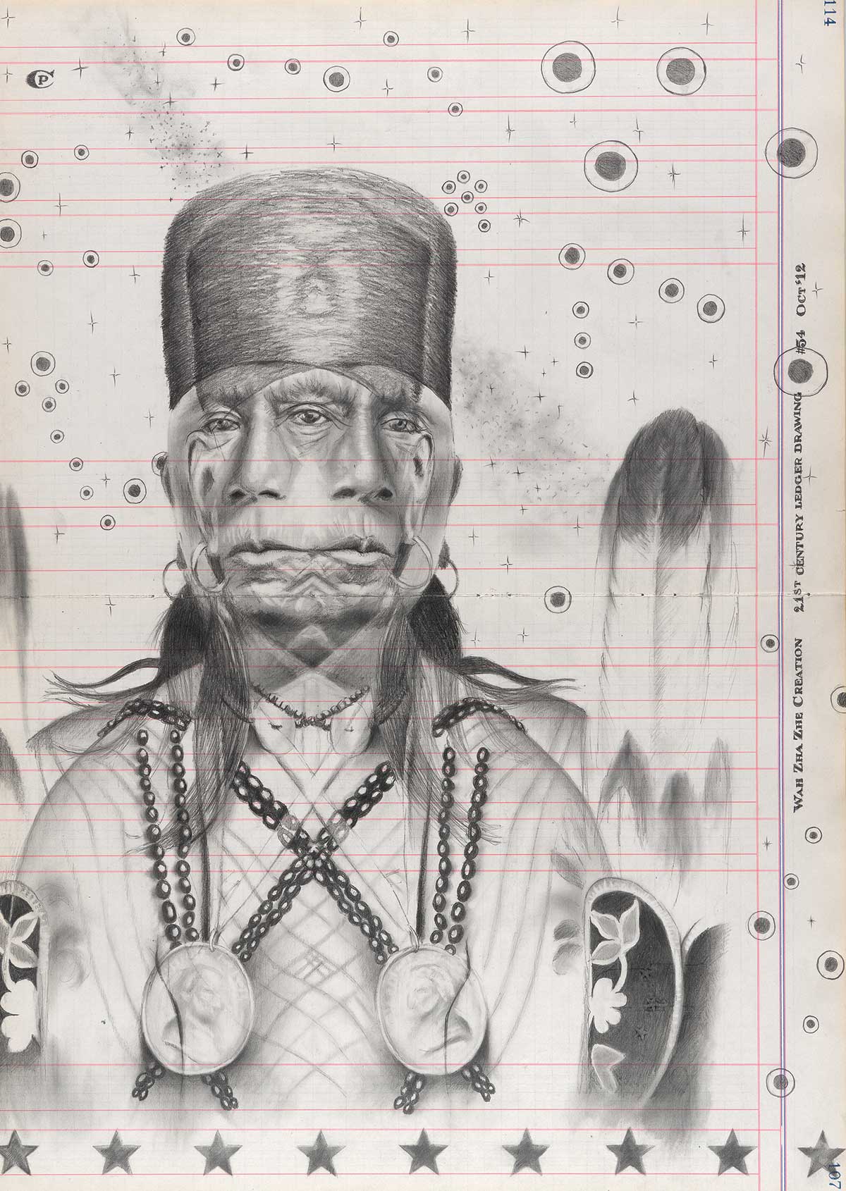 A graphite artwork on ledger paper depicting a figure surrounded by stars