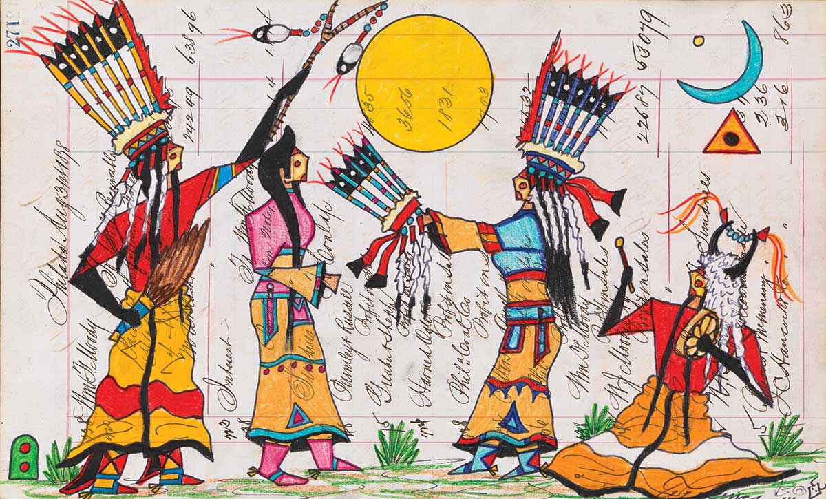 A colorful artwork on ledger paper showing four figures and a large yellow sun