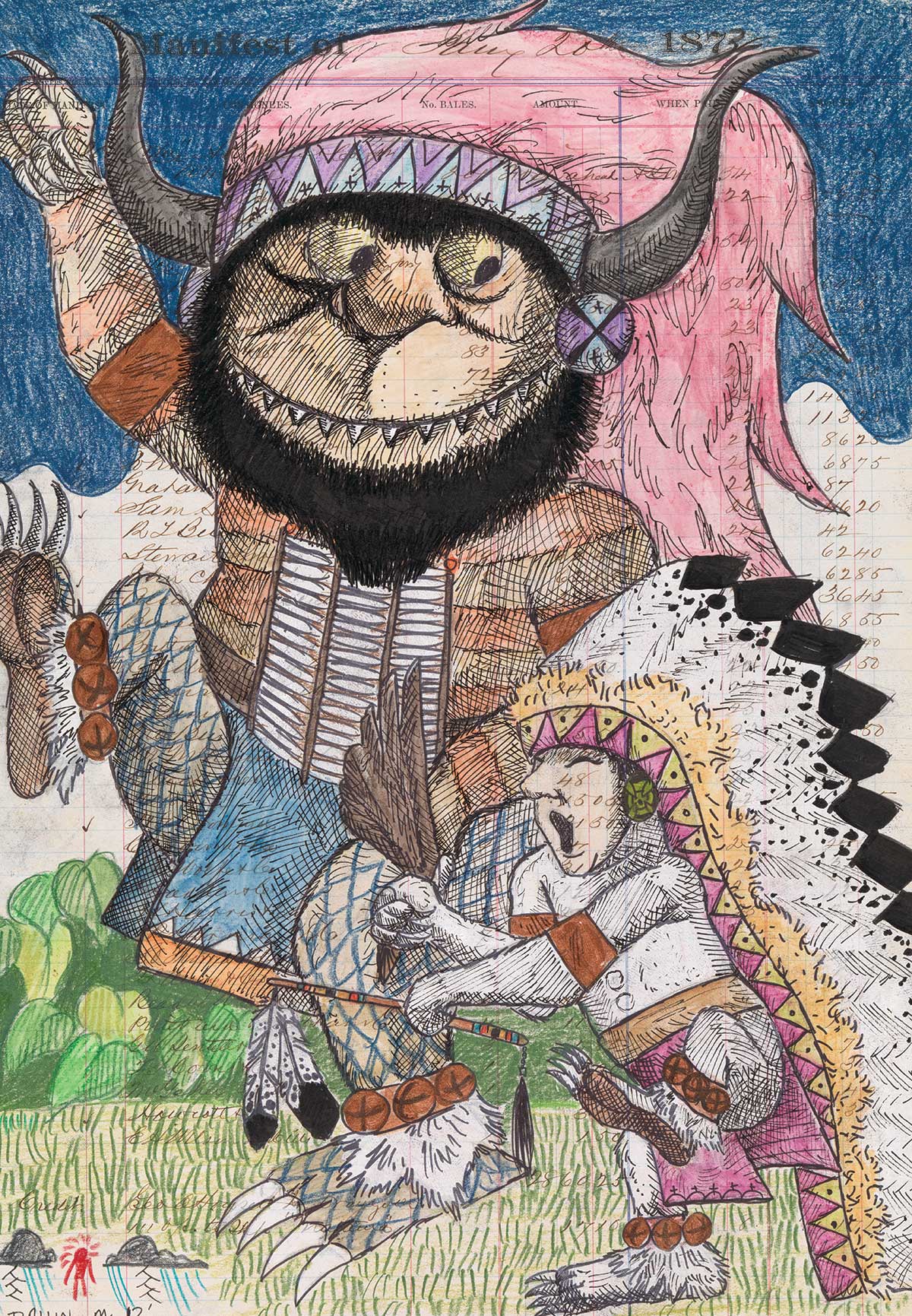 A drawing depicting two characters in the style of Maurice Sendak's children's illustrations, on ledger paper