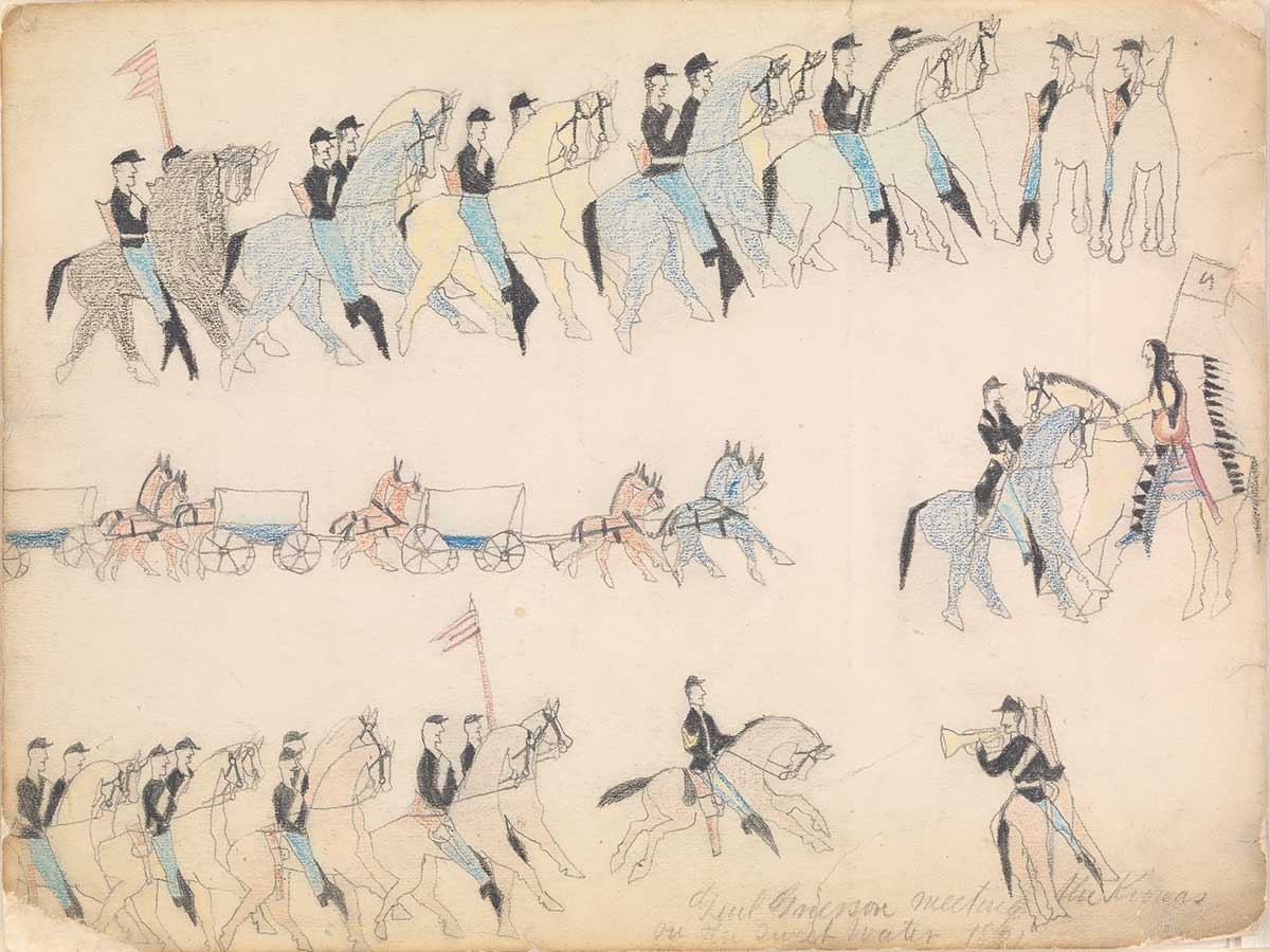 A graphite and colored pencil artwork on paper, depicting figures on horseback 