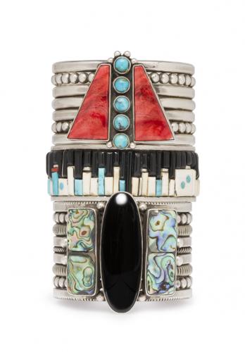 Bracelet; Sterling silver, spiny oyster, abalone shell, turquoise, jet and onyx.