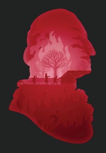 Illustration of silhouette of George Washington and a burning tree symbolizing his troops destroying Haudenosaunee towns in the 1700s