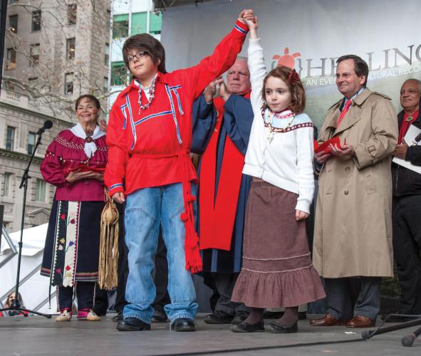 A 2009 reconciliation ceremony between Dutch and Lenape in front of the National Museum of the American Indian in New York.