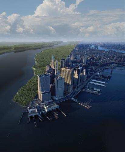 Image of modern Manhattan side by side with a computer rendering of the island as it probably looked in 1609