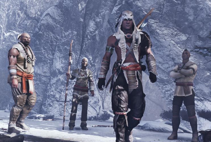 A scene from video game "Assassin's Creed III' featuring Connor Kenway with fellow Indigenous characters.