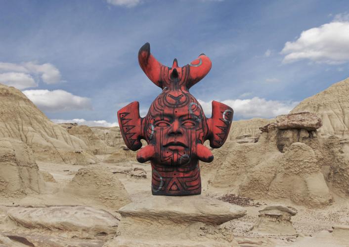 Red ceramic bust of one of Virgil Ortiz’s “Recon Watchmen”