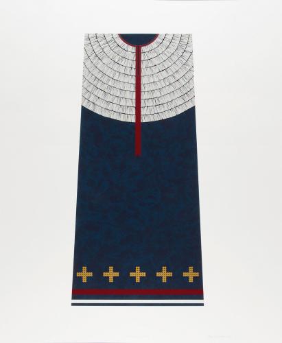 A scan of a screen print by artist Dyani White Hawk. This one is mostly blue with blue, red, and yellow accents.