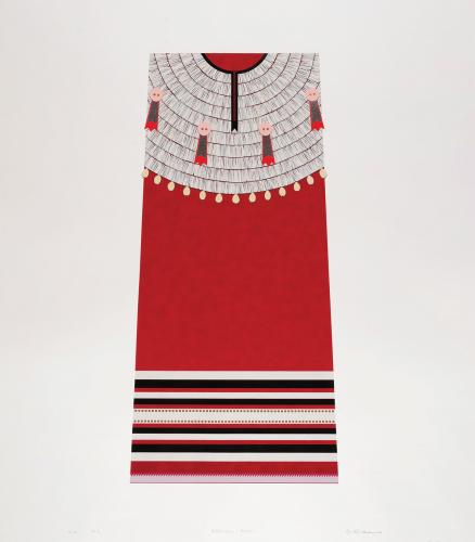 A screen print by artist Dyani White Hawk. This print is red with white and black accents.