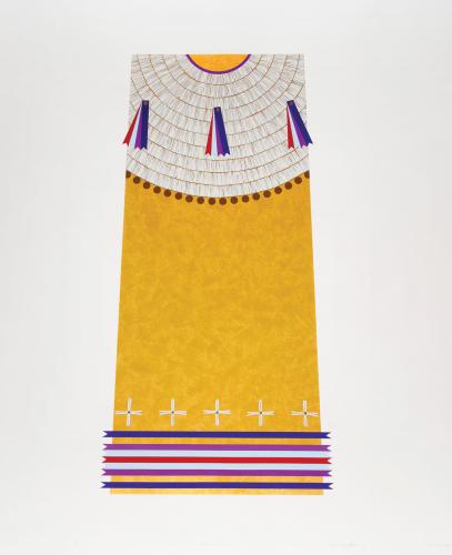 A screenprint by artist Dyani White Hawk. This print is mostly yellow with blue and red accents.