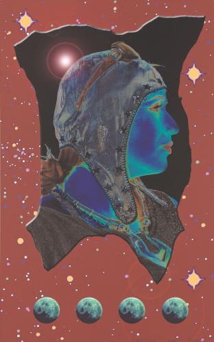 Inkjet print showing a woman's head in profile, colored in black and blue, framed against a red background.