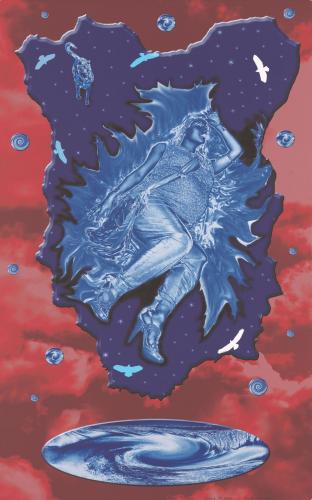 Inkjet print showing a female figure with stiletto heels reclining, tinted blue, against a red background.