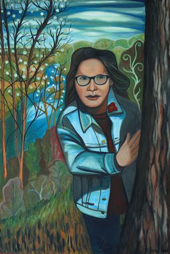 A painting of a woman looking at the viewer from behind a tree, with a landscape in the background.