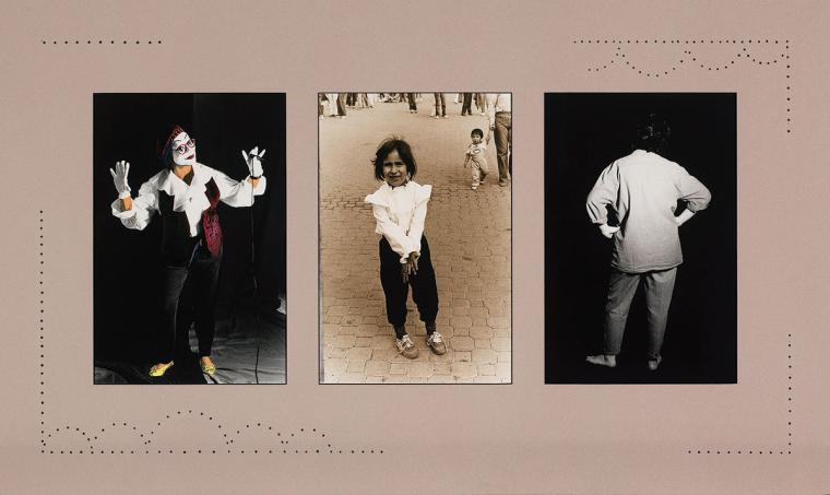 A triptych of gelatin silver prints. The first image shows a mime. The second image shows a young child. The third image depicts the artist with her back to the camera.