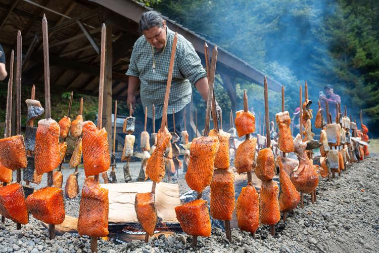 A person watches over many pieces of salmon arranged around a fire