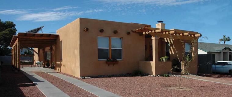 Exterior view of an adobe-style building