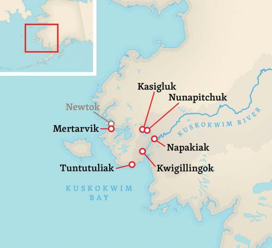 Map of Alaskan Native villages at risk of being inundated with rising water levels.