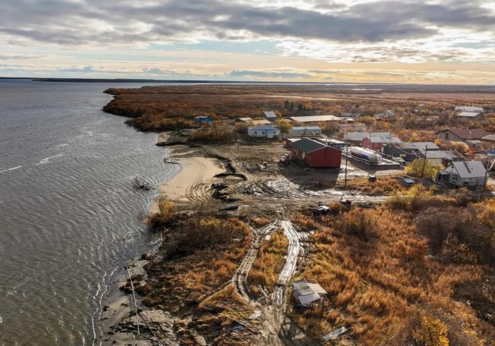 Aerial view of the village of Napakiak along the encroaching Kuskowim river.