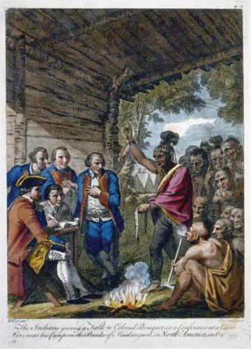 An illustration of a lively discussion at a treaty council. Kiyashuta stands in the center, speaking expressively holding a wampum belt.