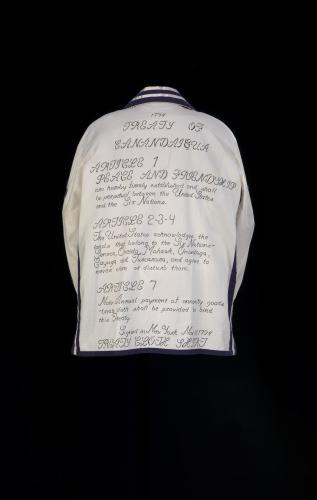 The back of a cloth shirt depicting an excerpt from the Treaty of Canandaigua