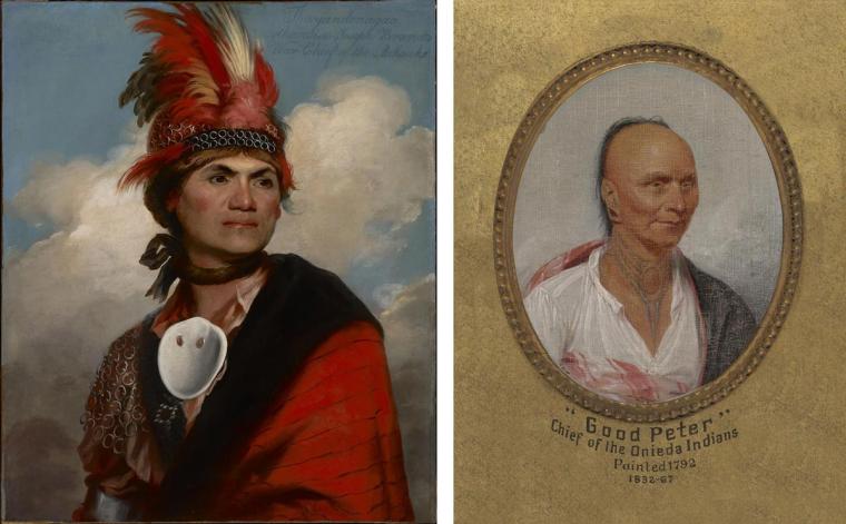 Two illustrated portraits depicting two tribal leaders. On the left, a painting of Mohawk warrior Thayendanegea wearing vibrant red dress and headpiece. On the right, an illustration of Oneida Chief Lakwilotákwas (Good Peter) in framed in metallic gold.