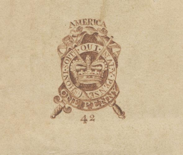A light brown sheet of newspaper with a stamped emblem reading "America" and "One Penny."
