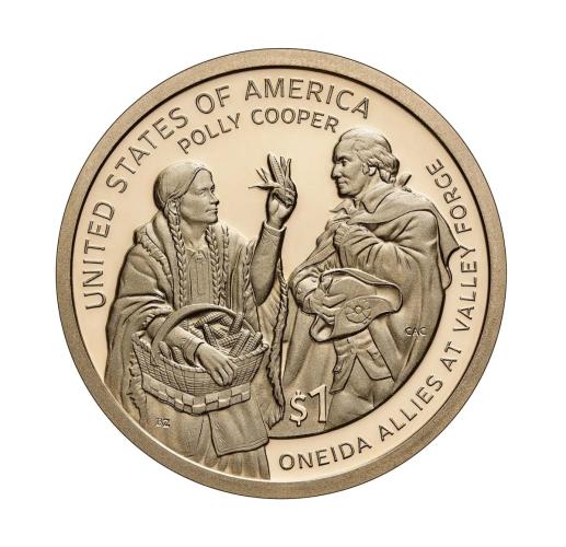 A copper coin depicting Polly Cooper and George Washington.