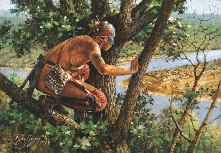 A Cherokee man perched observantly in a tree overlooking Fort Duquesne.