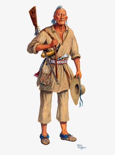 An illustration depicting a Stockbridge Mohican soldier. He holds a straw hat with a blue ribbon in one hand and a rifle slung over his shoulder in the other.