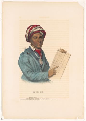 Lithograph of Sequoyah points to a tablet with a pipe in his mouth.