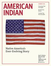 American Indian Winter 2025/Spring 2026 featuring an American flag made of  seed beads used to form state abbreviations (red dots indicate the original 13 colonies) symbolizing stars, the words of the Pledge of Allegiance in opaque blue and the names of 456 tribal nations in the red and white stripes.