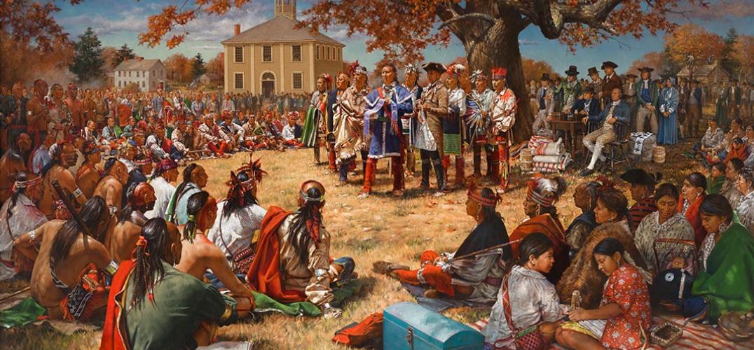 The painting The Great Treaty of Canandaigua by Robert Griffing depicting leaders speaking to a seated crowd gathered in a town square.