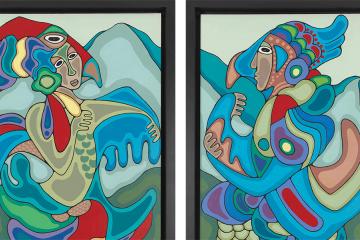 Two colorful paintings depicting Thunderbird woman and her husband looking at each other